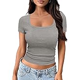 WAYMAKER Women's Casual Short Sleeve Square Neck Summer Tops Ribbed Knit Slim Fit Tee Shirts