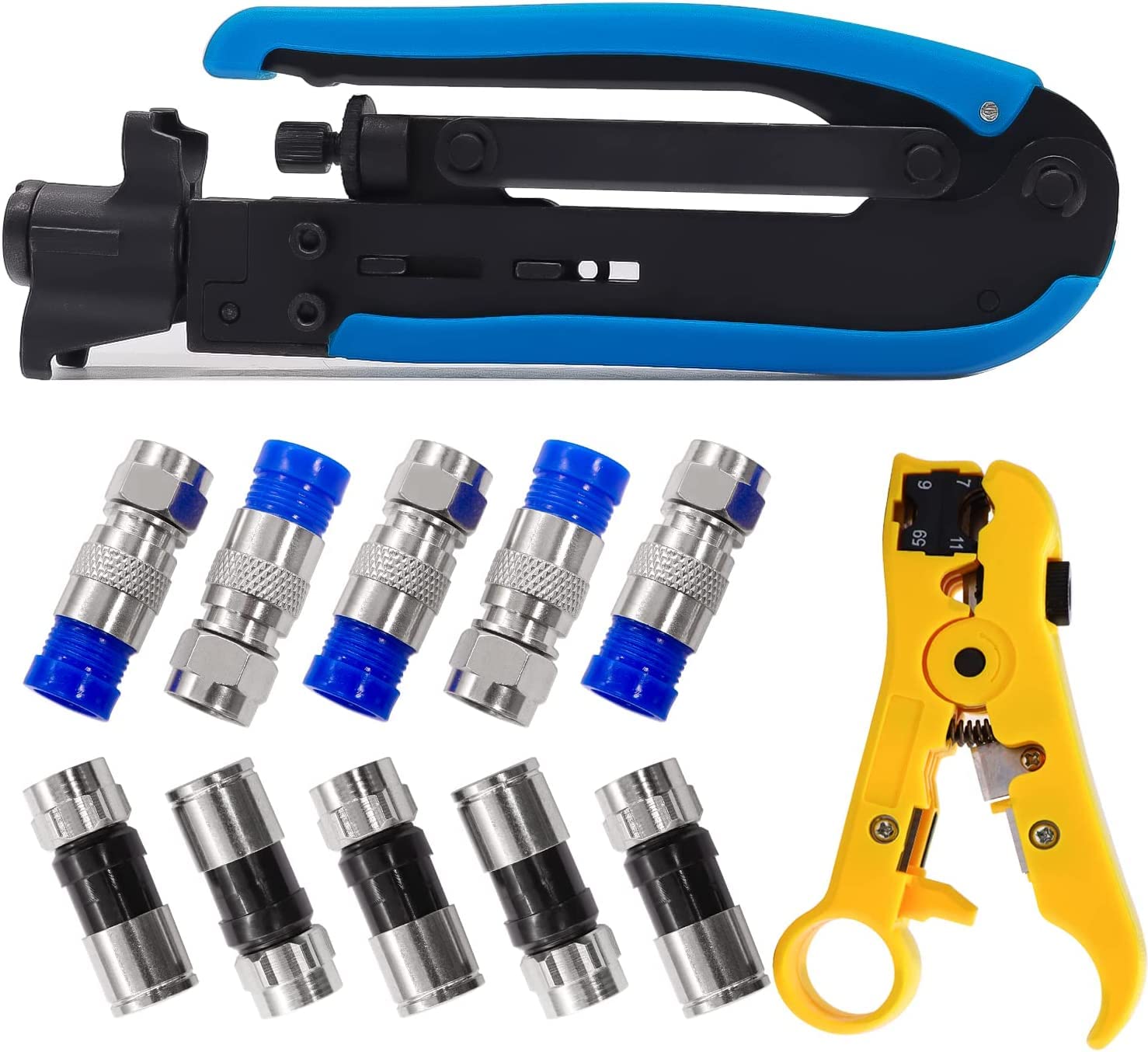 mxuteuk Coaxial Compression Tool Kit Adjustable RG6 RG59 RG11 75-5 75-7 Coax Cable Crimper Kit with 10Pcs F Style RG6 Compression Connectors G025-BU/G026-Y