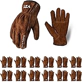 VZT 12 Pairs Bulk Leather Work Gloves for Men or Women for Construction, Farm, Ranch, Woodworker, Soft, Keep warm，Cowhide Thickened, Water Resistant, Brown, L