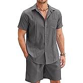 COOFANDY Men Linen Sets Outfits 2 Piece Short Sleeve Cuban Shirts Guayabera Linen Suit