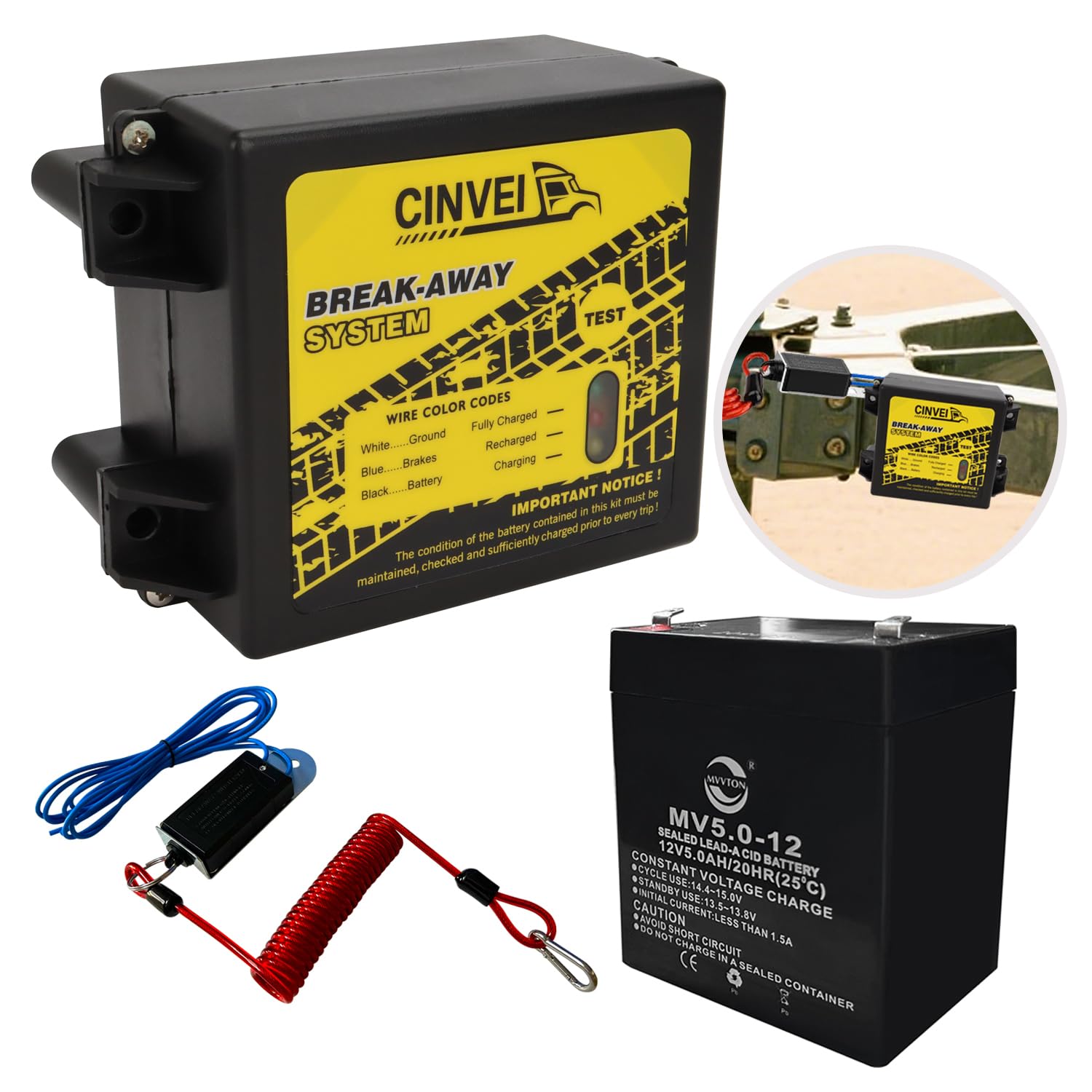 Photo 1 of CINVEI Trailer Brakes Break-Away Kit, Side Load Break-Away Controller System with Switch and LED Indicator, Built-in 12V 5AH Battery, Suitable for Trailer Caravans