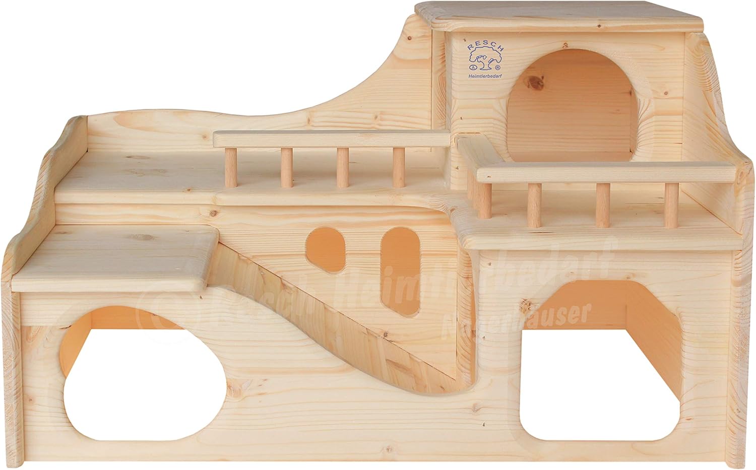 Resch No35 Guinea Pig Mansion Natural solid wood made of spruce/with two large entrances on the ground floor and a wide staircase leading to the upper house with a balcony - Image 4