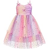 WIBMK Kids Baby Girls Sequin Stars Butterfly Rainbow Tulle Dress Spaghetti Strap Prom Birthday Wedding Party Dresses