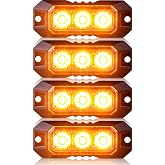Nrgedzam 4PCS 3 LED Amber Surface Mount Flashing Strobe Lights for Trucks | Emergency Beacon Warning Hazard Light, LED Grille Light, Sync Feature Ultra Slim Caution Flashing Lights for Vehicles Car ATV