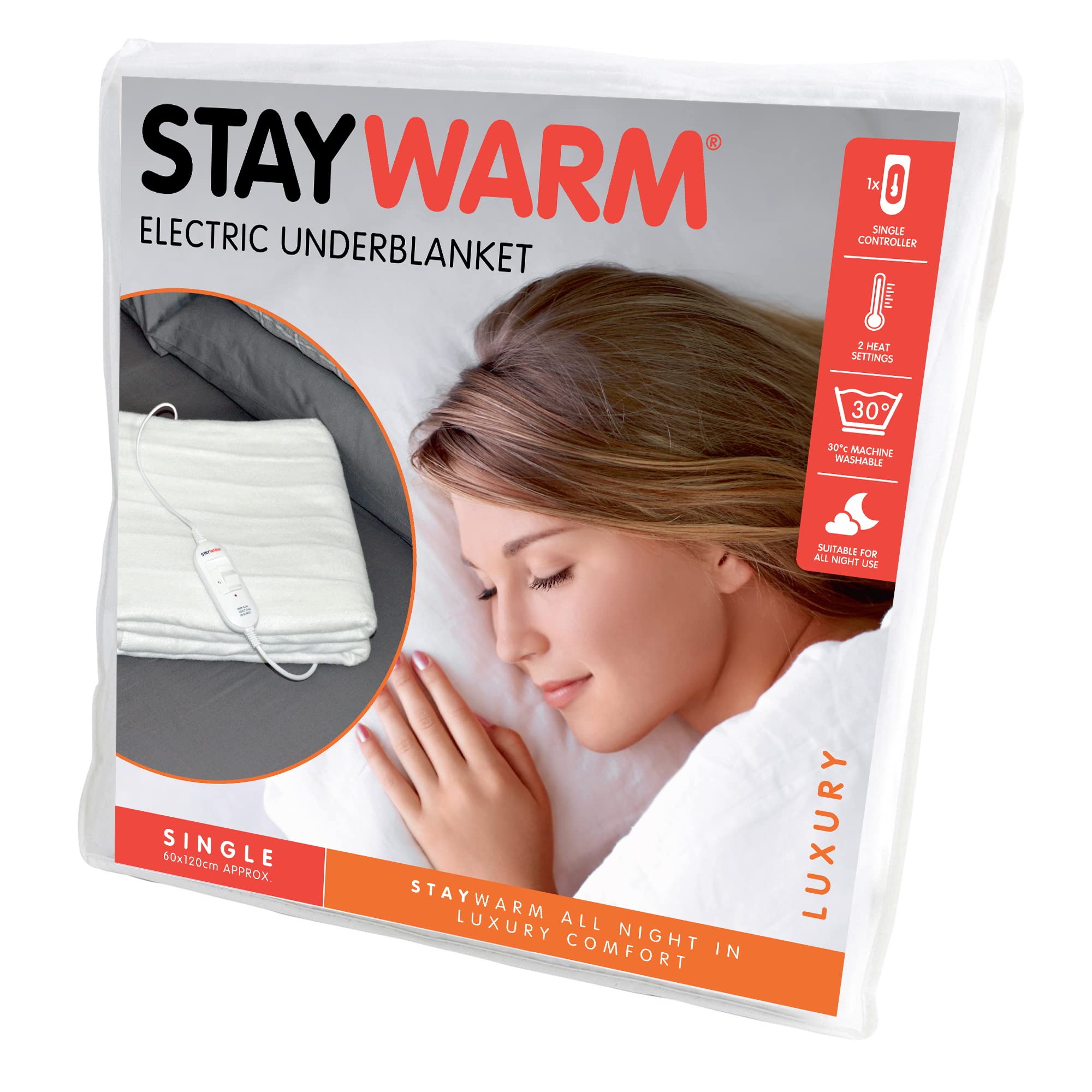 STAYWARM® Single Size Luxury Quality Electric Underblanket with Detachable Controller / 2 Heat Settings / Detachable Cord / Machine Washable / Safe All Night Use - 40w - 120 x 60cm - F900 - White — image 1