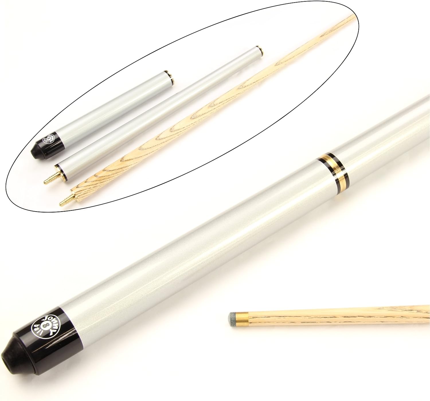 Jonny 8 Ball TRIAD 57 Inch 3 Piece Adjustable Ash Snooker Pool Cue - 9.5mm Tip (Silver)