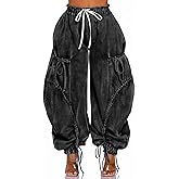 LETSVDO Women's Baggy Cargo Jogger Jeans High Waisted Wide Leg Drawstring Bow Pockets Loose Harem Denim Pant Sweatpants