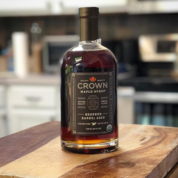 CROWN MAPLE BOURBON BARREL AGED ORGANIC MAPLE SYRUP, 25 FL OZ, PANCAKES, FLAVOR COCKTAILS, MARINADES AND SAUCES