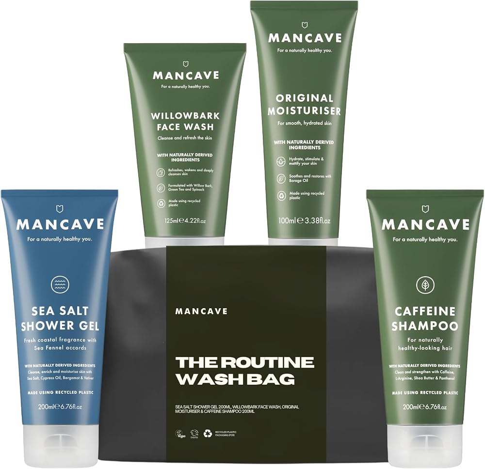 ManCave Complete Routine Wash Bag Set Men's Toiletry Kit Shower Gel Shampoo