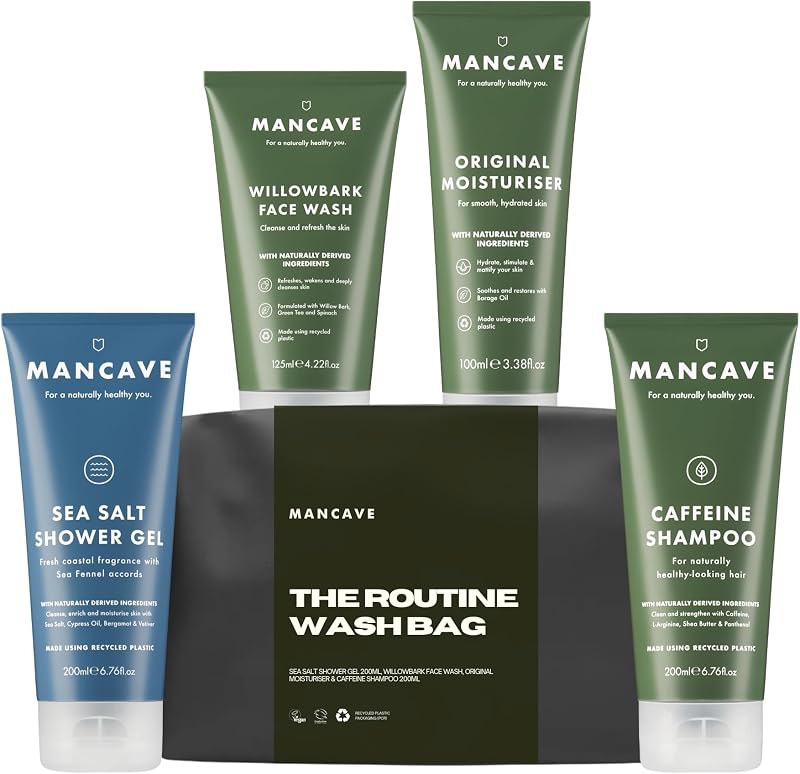 ManCave Complete Routine Wash Bag Set Men's Toiletry Kit Shower Gel Shampoo