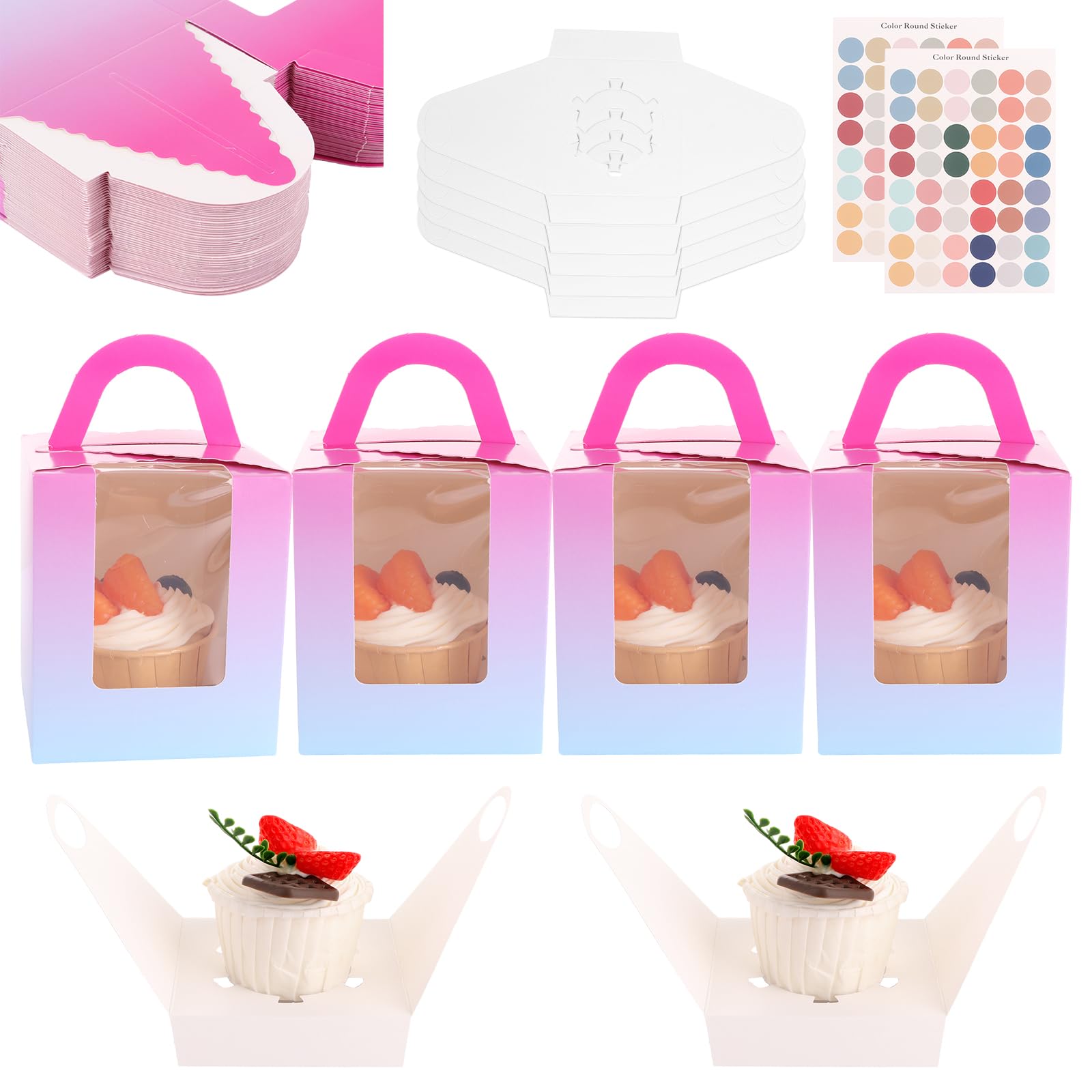 ASelected 50 Pcs Single Cupcake Boxes, 9 x 9 x 11 cm Individual Cupcake Box with Clear Display Window, Pink Cup Cake Box with 96 Stickers for Cupcakes Desserts Pastries Small Cakes Candy