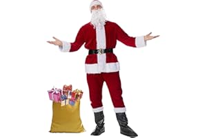 muyulin Men's Santa Claus Costume Adults Suit 7 Pcs, Deluxe Velvet Large Santa Outfits for Christmas, Cosplay Party, with hats, beard, belt