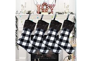 Senneny Christmas Stockings- 4 Pack 18" Black White Buffalo Plaid Christmas Stockings with Plush Faux Fur Cuff, Classic Large Christmas Stockings Decorations for Family Christmas Holiday Party Decor