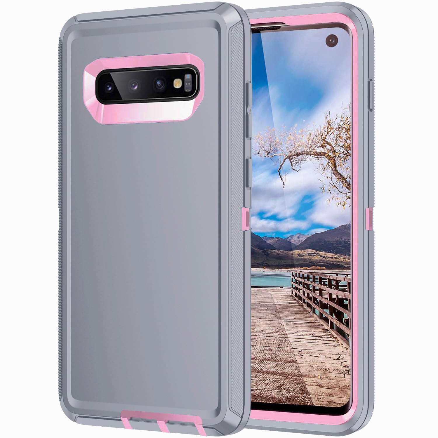 Mieziba for Galaxy S10 Case,[Without Screen Protector] Heavy Duty Shockproof Dust/Drop Poof 3 Layers Full Bady Protection Rugged Cover for Galaxy S10,Grey/Pink