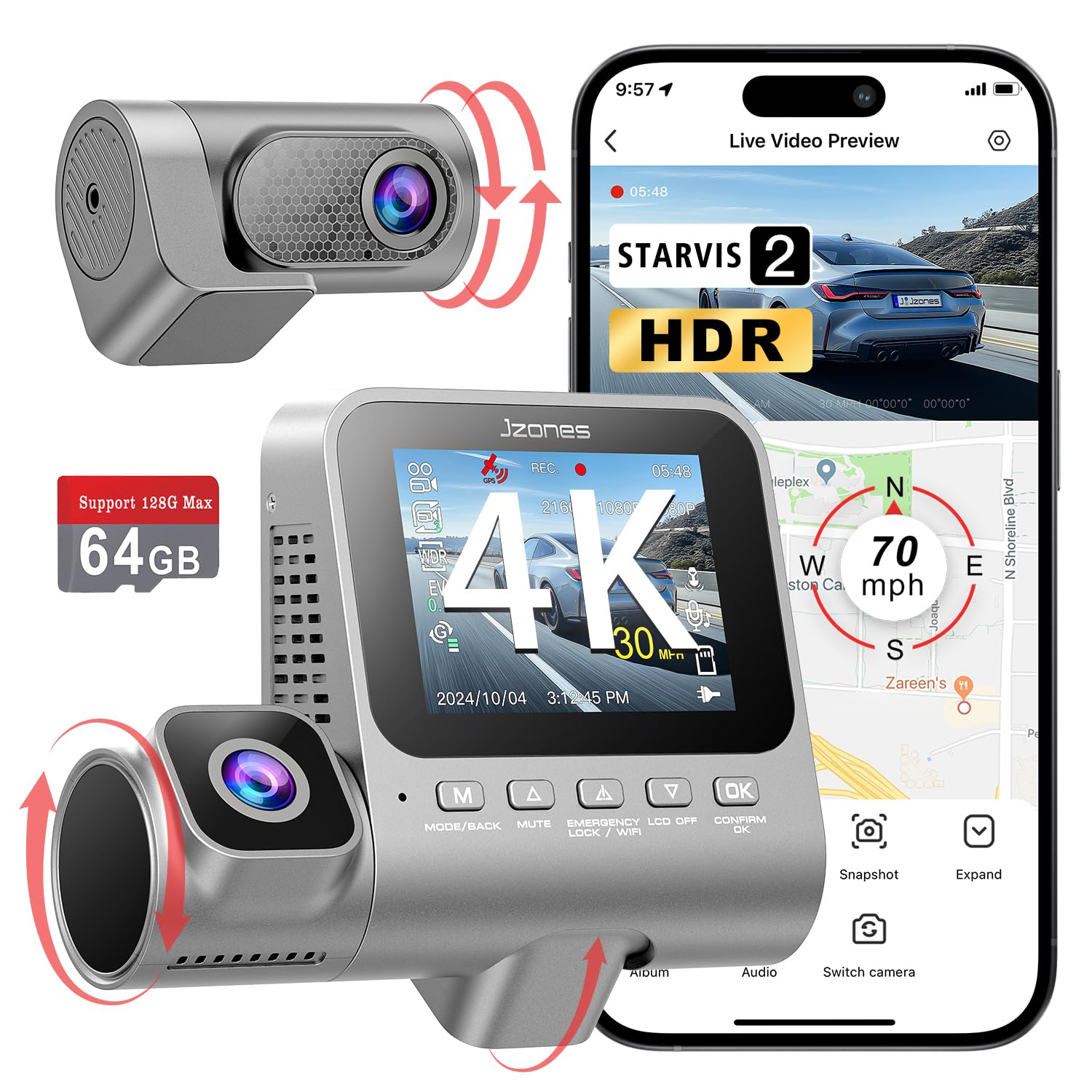 Photo 1 of 3 Channel 4K Dash Cam, STARVIS 2 IMX675, 4K+1080P+1080P Front Inside and Rear Triple Car Camera, Built in GPS WiFi Dash Camera for Cars, IR Night Vision, 24H Parking Mode,Support 256GB Max