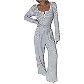 SOLY HUX Women's Striped Pajama Set Lace Trim Long Sleeve T Shirt Tops and Pants Casual Loungewear Sleepwear