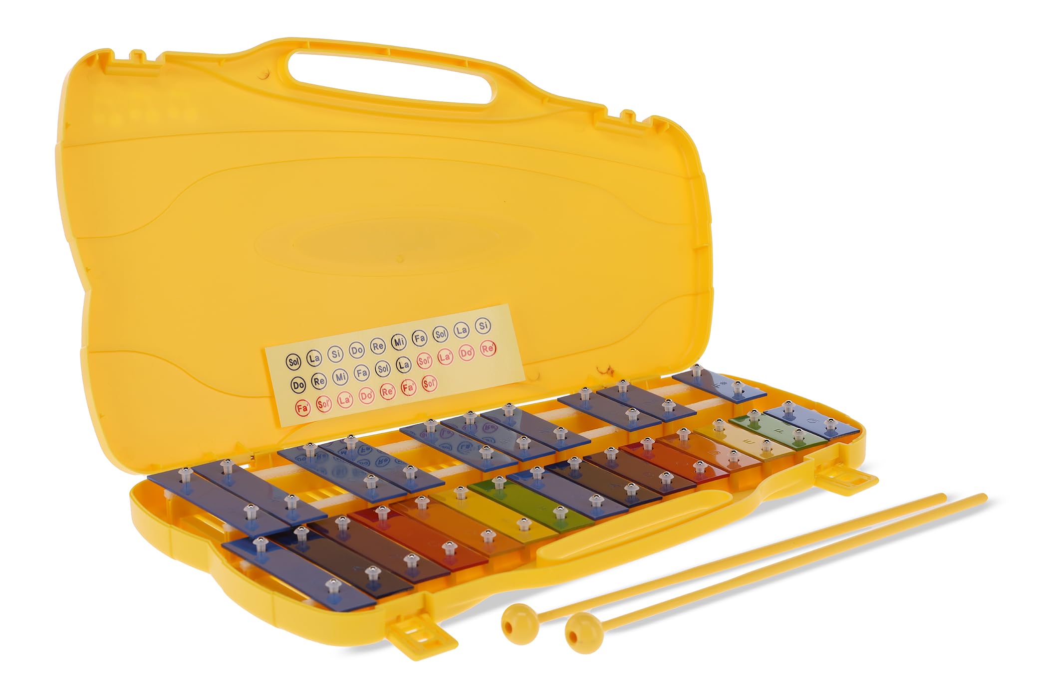 GEWA Carillon, chime, xylophone, with 25 colorful metal sound plates, chromatic (range G5-G7), incl. 2 mallets, plastic case with handle, yellow