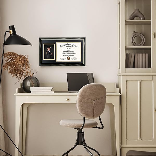 GRADUATIONMALL 11X19 BLACK DIPLOMA AND PHOTO FRAME FOR 8.5X11 CERTIFICATE,5X7 PICTURE,TEMPERED GLASS,BLACK OVER GOLD DOUBLE MAT