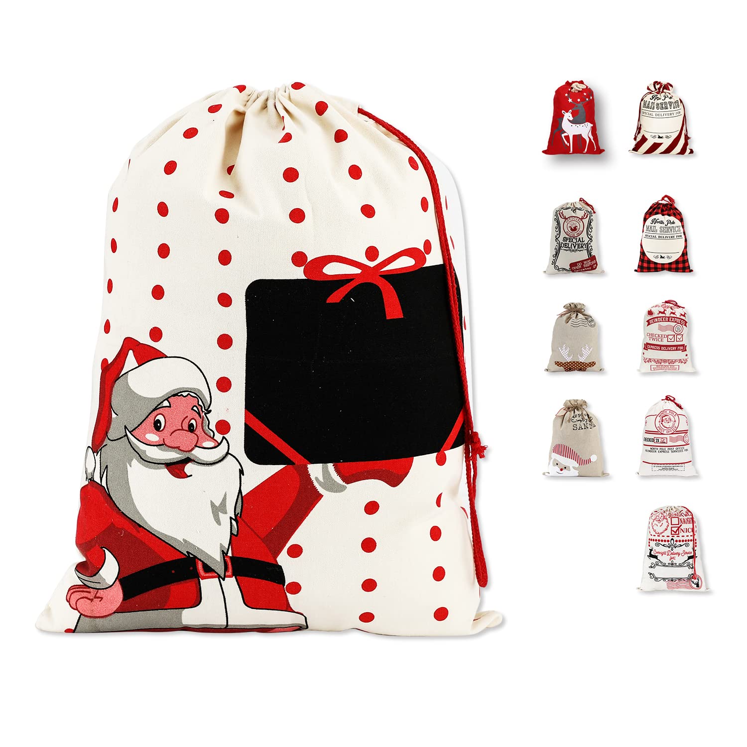 LessMo Christmas Santa Sack, Large Canvas Bag with Drawstring, [Place to Write Wishes] Reusable Event Party Supplies Cotton Bag Party Favors for Large Xmas Package Storage
