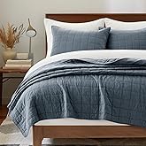 EVERGRACEHOME 100% Cotton Box Stitch Quilt Bedding Set Queen Size 3 Pieces, Garment-Washed Lightweight Soft Cozy Coverlet, Quilted Bedspread Sets with 2 Shams for All Season, Midnight Blue