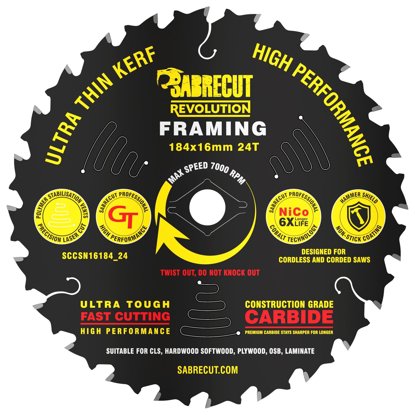 1 x SCCSN16184_24 SabreCut 184mm 24T x 16mm Bore High Performance Ultra Thin Kerf Wood Plywood MDF Chipboard Framing Circular Saw Blade