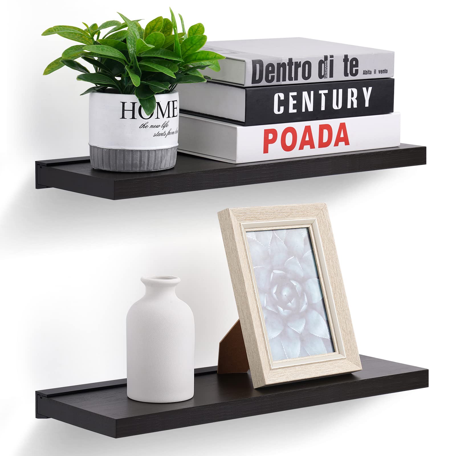 Photo 1 of Meangood Floating Shelves Black 17 inch Wall Mounted Natural Bamboo Wood Wall Storage Shelves for Bedroom,Living Room,Bathroom, Kitchen?Set of 2?