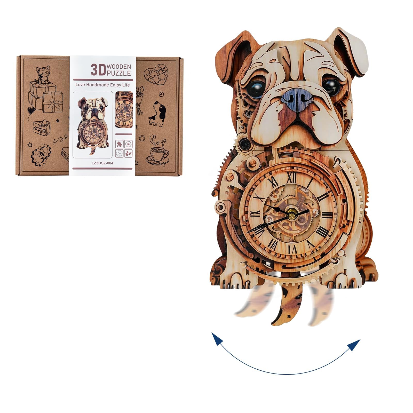Lilcubics 3D Wooden Puzzles for Adults, Bulldog Mechanical Model Kits, DIY Puzzle Wall Clock Kit, Fun Home Decor Creative Gifts for Men Women, Pendulum Wood Craft, Gifts for Dog Lovers — image 1