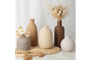 CUCUMI Modern Ceramic Vase Set of 5, Vases Home Decor Rustic Farmhouse Decorative Vase Pottery Vases for Bouquet Pampas Grass Dried Fresh Flowers, Table Living Room Kitchen Bedroom