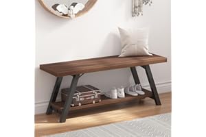 LVB Wood Entryway Bench, Industrial Metal Indoor Shoe Rack, Wooden Storage Bench for Bedroom, Farmhouse Hallway Seating, Walnut, 47 Inch