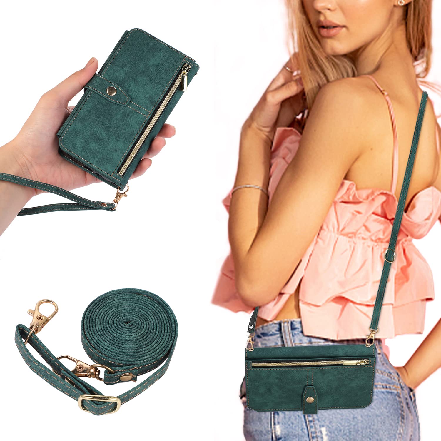 UEEBAI Crossbody Wallet Case for iPhone 14 Pro 6.1 inch, 9 Card Slots Magnetic Zipper Cover Adjustable Detachable Lanyard Strap Flip Case with Hand Strap Kickstand Case - Green