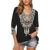 Higustar Mexican Tops for Women Embroidered Shirts Bohemian Hippie Clothes Tunic Fiesta Plus Size Boho Peasant Blouses