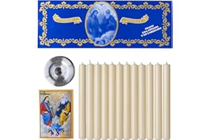 Set of 12 Catholic Devotional Candles Veladoras with Prayer Card and Candle Holder Base – Religious Decor for Home Altar or C