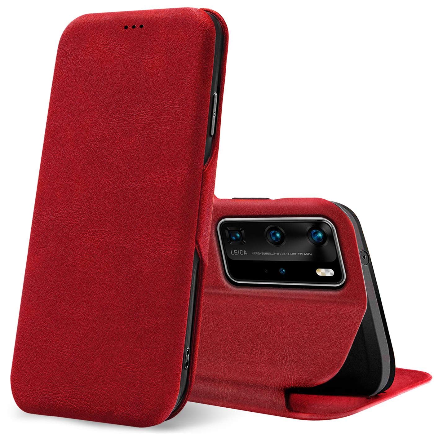 Verco Book Style for Huawei P40 Pro Case, Premium Magnetic Flip Cover for Huawei P40 Pro Wallet Case with Card Slot, Red