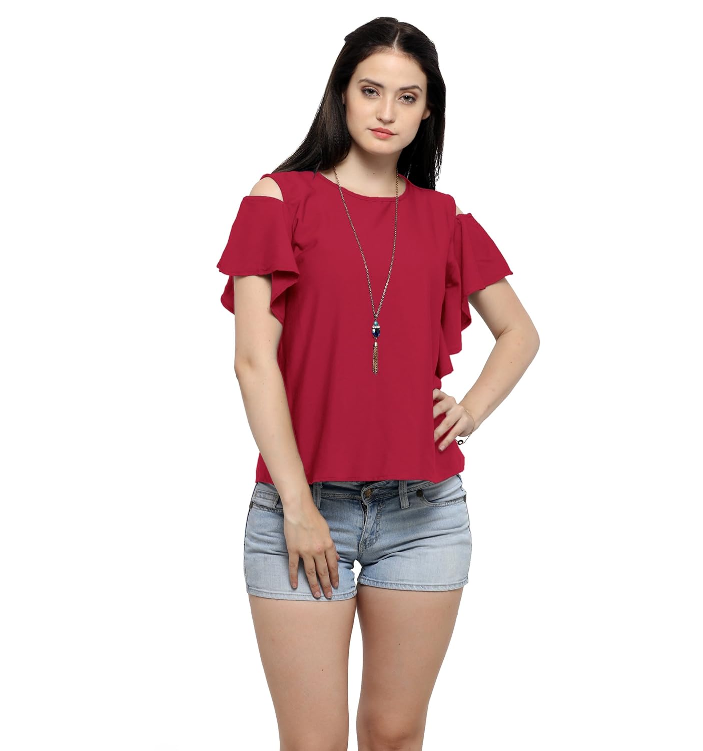 serein women's top (wine crepe top with cold shoulder and ruffles)