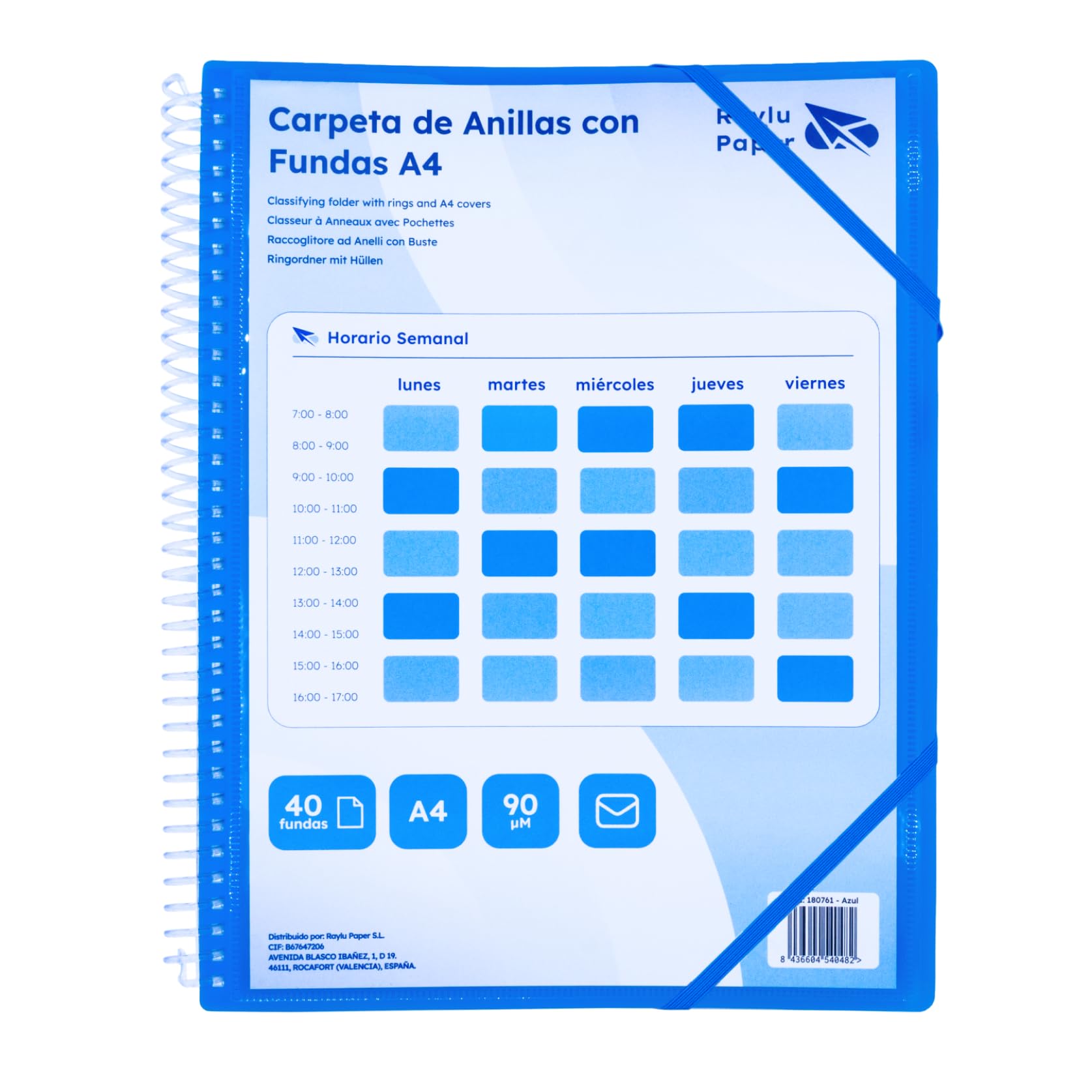 Raylu Paper® Ring Binder with 90 Micron A4 Transparent Pockets and Envelope with Velcro Closure, Customisable Cover. 100% Biodegradable Folder (40 Pockets, Blue)