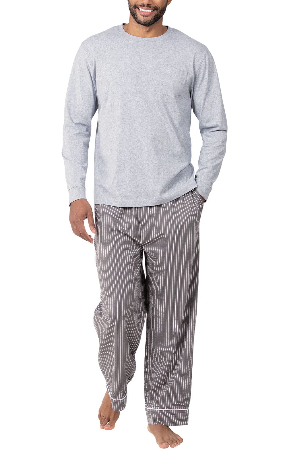 PajamaGram Men Pajamas Sets Cozy 100 Cotton Pajamas for Men 100 Cotton Pajama for Long Sleeve Pajama Set for Pijamas Para Hombres Gray Stripe XXL Image