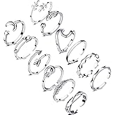 Honsny 12PCS Silver Plated Rings Adjustable Open Rings for Women Cute Gold Plated Stackable Thumb Rings Joint Chain Midi FingerArrow Knot Wave Band Rings Set