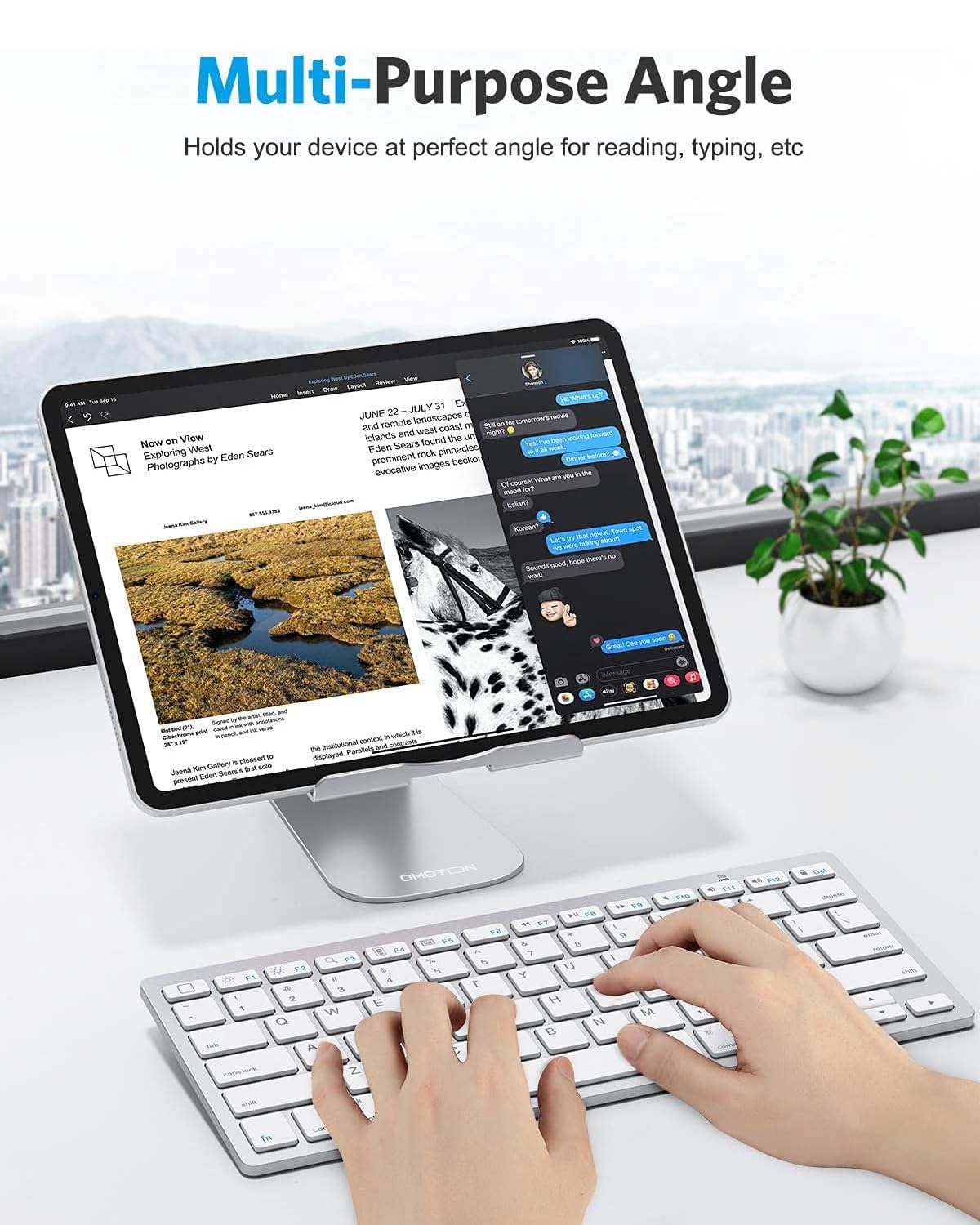 OMOTON Tablet Stand Holder Adjustable, T1 Desktop Aluminum Tablet Dock Cradle Compatible with iPad Air/Mini, iPad 10.2/9.7, iPad Pro 11/12.9/13, Samsung Tab and More Up to 13 inch, Silver