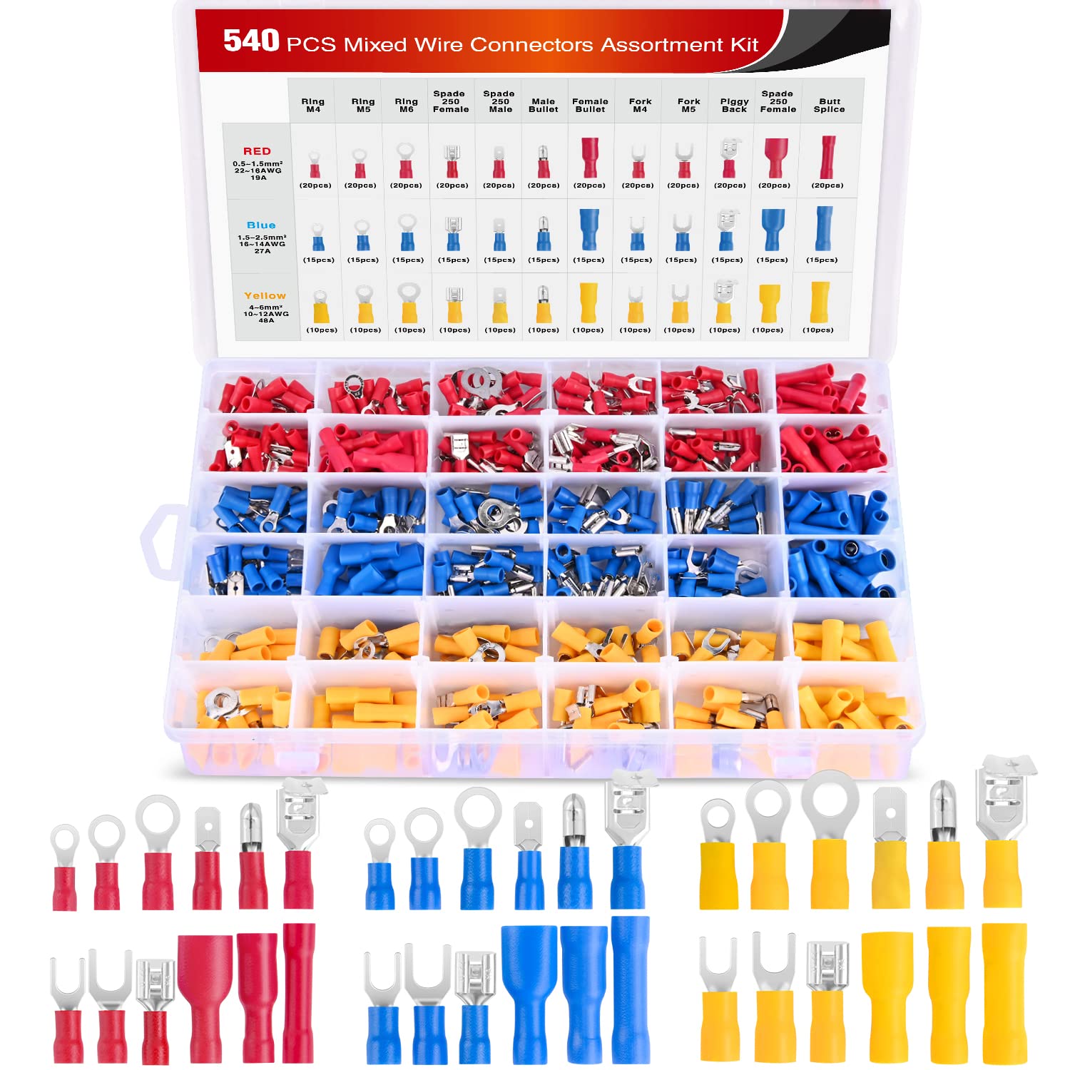 Photo 1 of Nilight 540PCS Mixed Quick Disconnect Electrical Insulated Butt Bullet Spade Fork Ring Solderless Crimp Terminals Wire Connectors Assortment Kit
