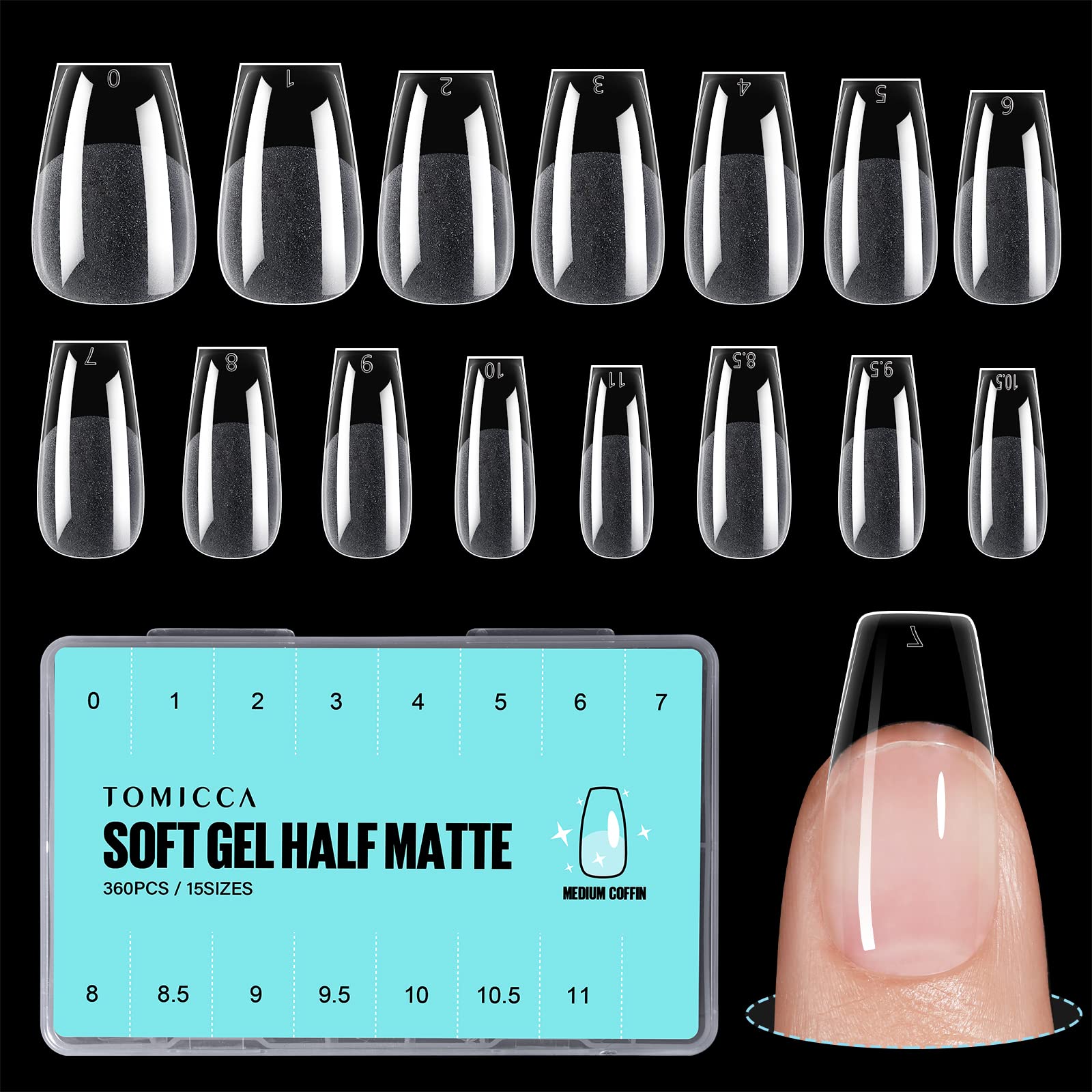 TOMICCA Medium Coffin Shaped Short Nail Tips - 360PCS Half Matte Soft Gel, No File Needed- Full Cover False Nails, Clear Acrylic & Strong Tips for Press On Extension - 15 Sizes — image 1