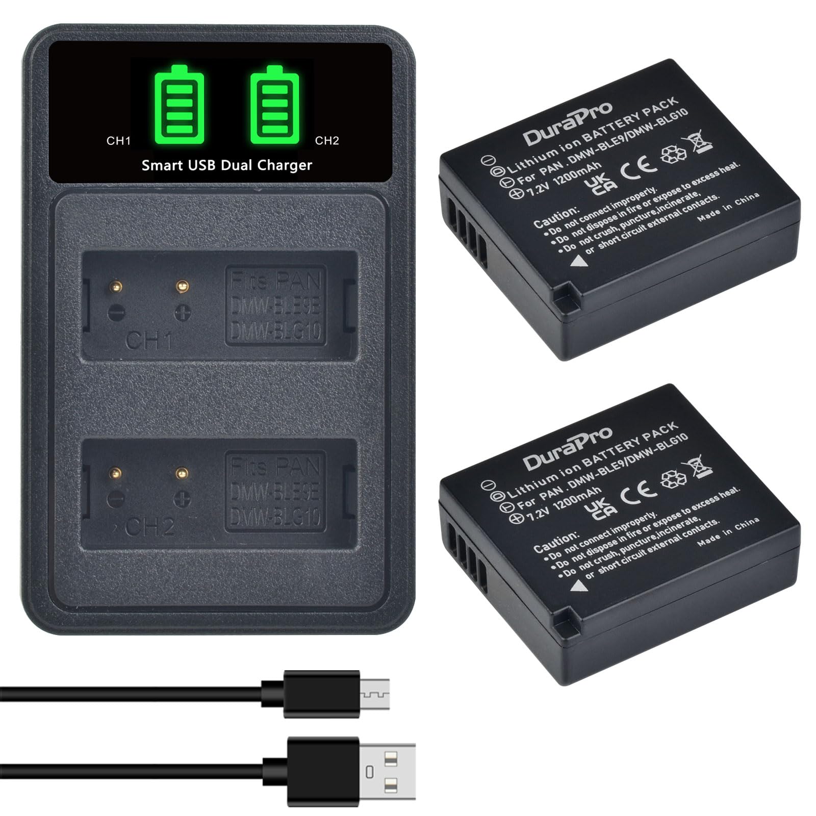 DuraPro 2Pcs DMW-BLG10 DMW BLG10 BLG10e BLE9 Battery + LE USB Dual Charger for Panasonic Lumix DMC-GF3, DMC-GF5, DMC-GF6, DMC-GX7, DMC-GX85, DMC-LX100, DMC-ZS60, DMC-ZS100 Digital Cameras