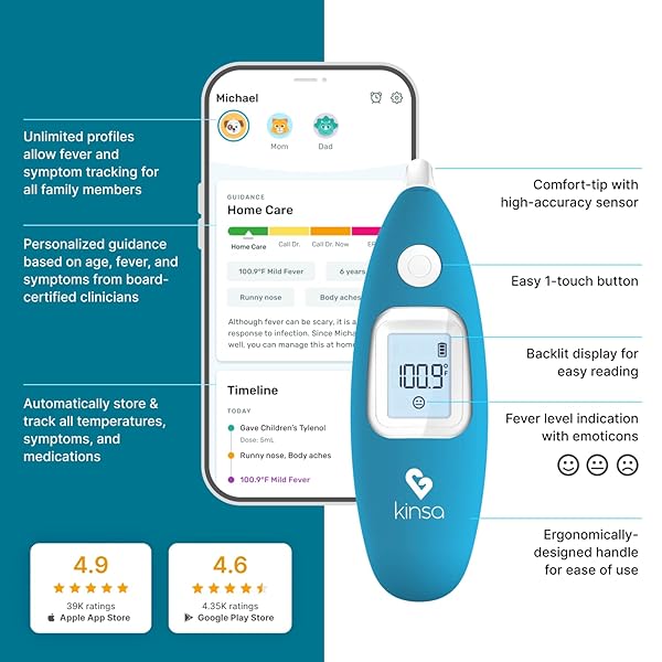 KINSA SMART EAR THERMOMETER FOR FEVER – MEDICAL INFRARED TERMOMETRO – FDA CLEARED FOR BODY TEMPERATURE READINGS FOR ALL AGES – CONNECTS TO A SMARTPHONE APP TO TRACK SYMPTOMS AND GET ILLNESS GUIDANCE