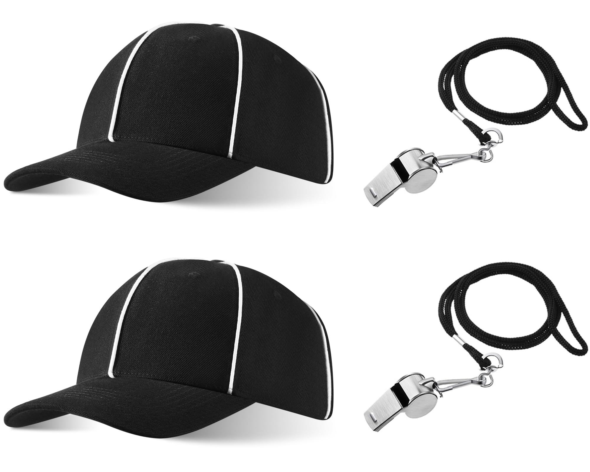 Adjustable Black with White Stripes Soccer Cap, Official Referee Hat and Stainless Steel Whistle with Lanyard for Football Refs, Umpires, Linesman