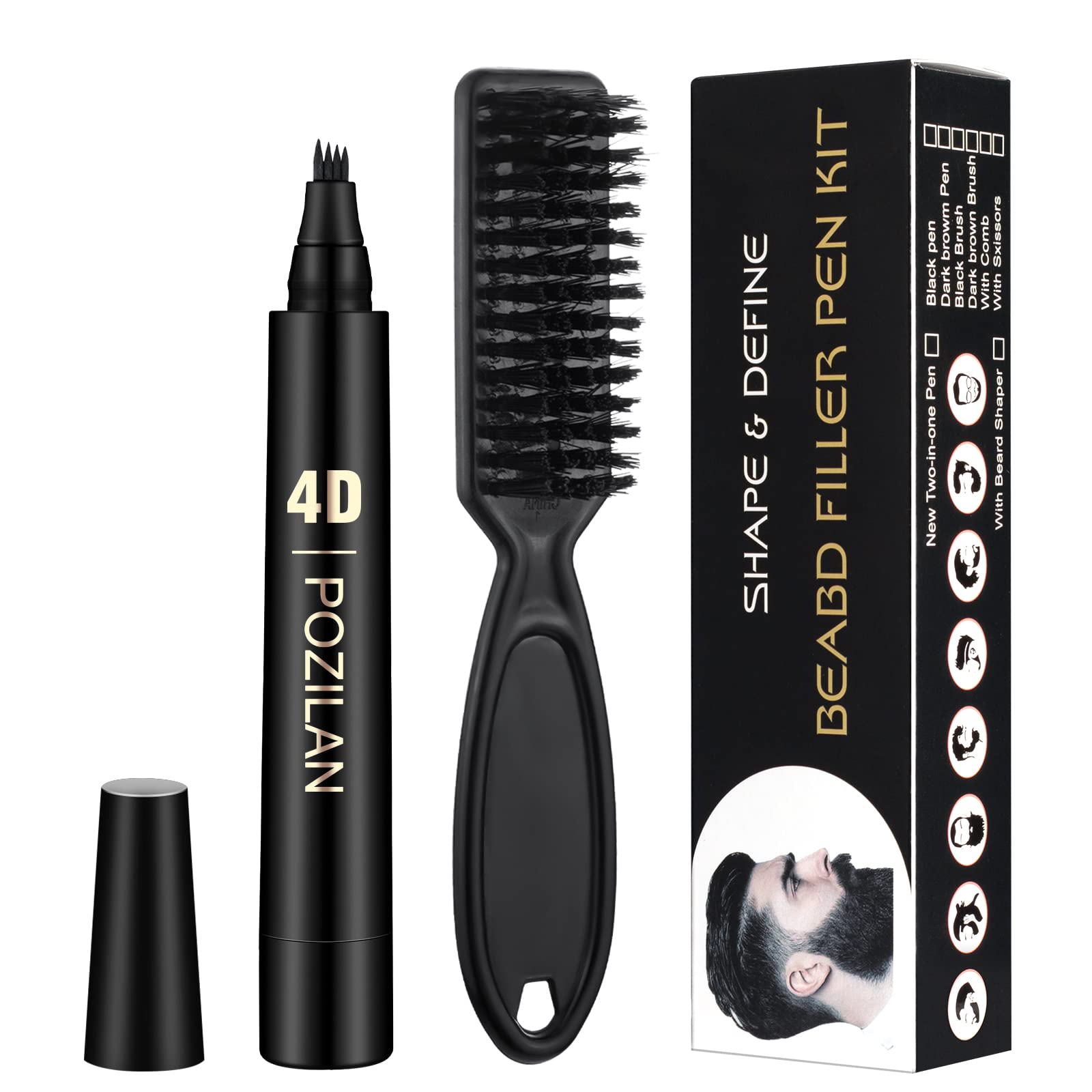 Beard Pencil Filler & Brush - Waterproof Micro-Fork Tip Black Beard Pen - Long Lasting, Natural Looking Mustache Kit for Men