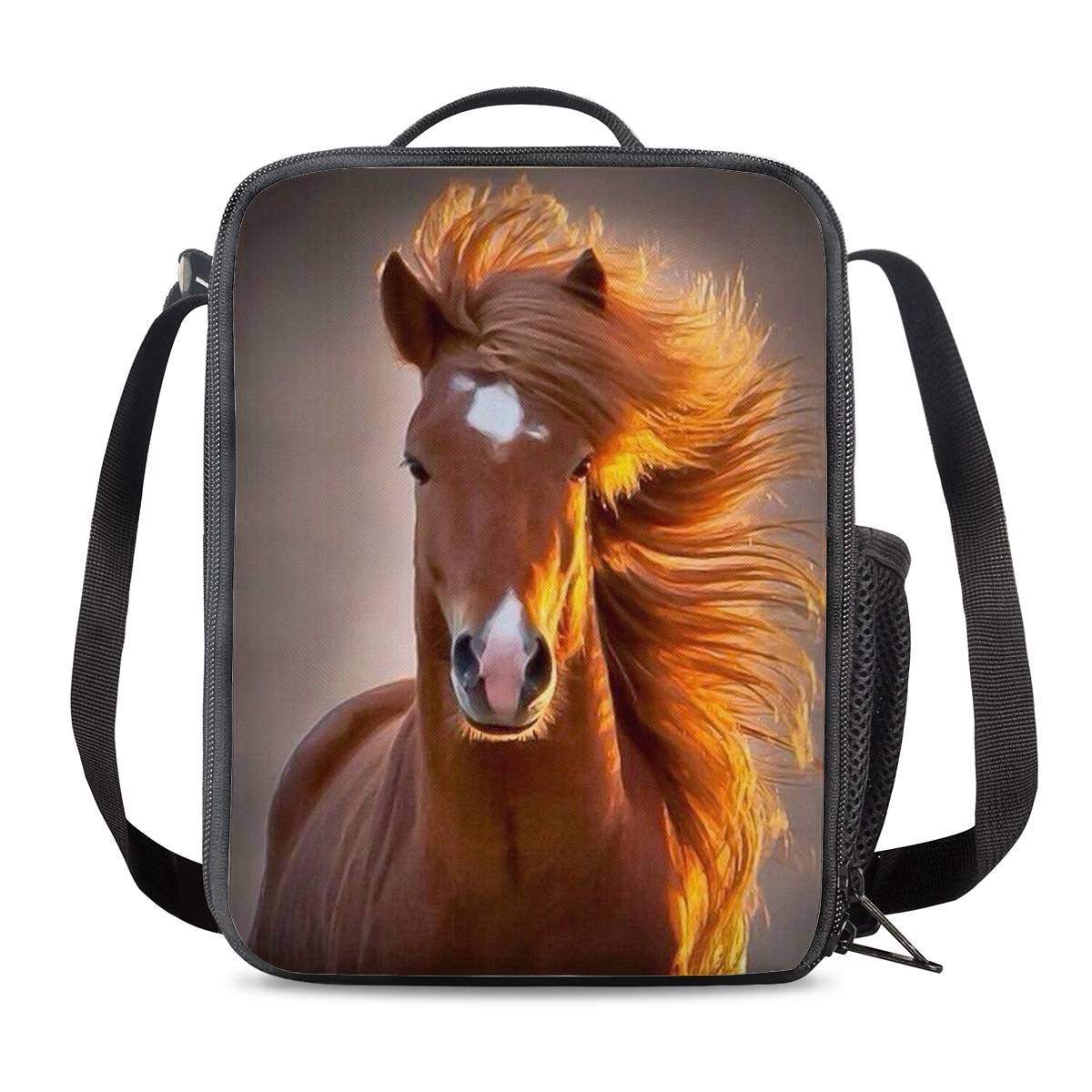 Amzbeauty Horse Print Lunch Bag School Lunch Box Insulated Lunch Container Small Tote Bag Adjustable & Removable Lunch Kits, Gift for Kids Boy Girls