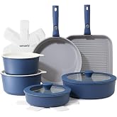 SENSARTE 17 Piece Ceramic Detachable Handle Pots and Pans Set Navy | Ceramic Cookware Set, Induction Cookware Set with Removable Handle, Healthy Non Stick for RV, Dishwasher ＆ Oven Safe