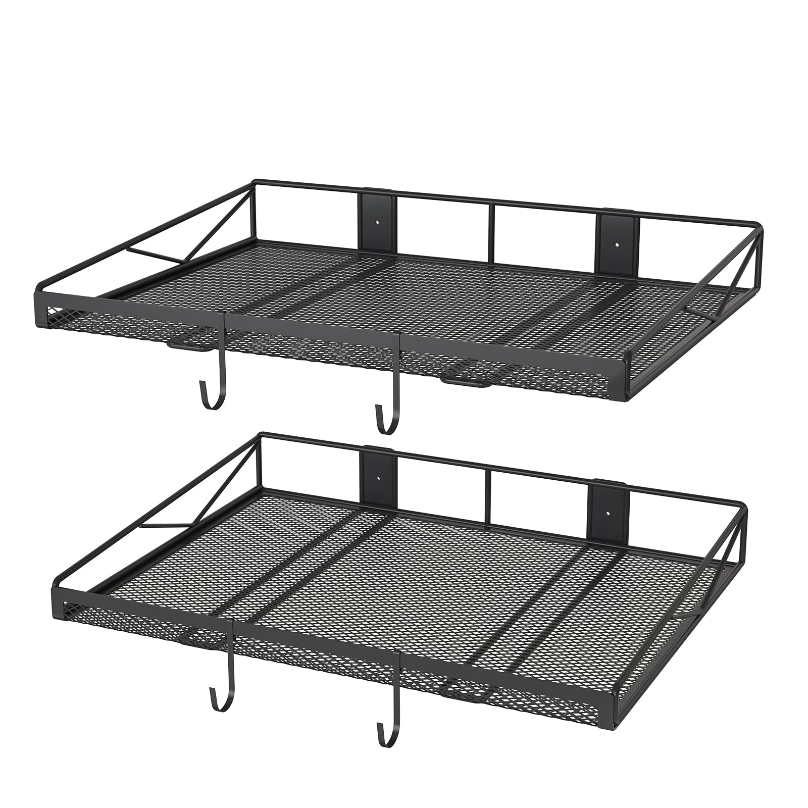 Photo 1 of 2 Pack Garage Wall Shelf, Garage Wall Mounted Shelving, Heavy Duty Floating Shelves With 4 Hooks, Loads 90 LBS Black Wall Shelves Mesh Storage Rack for Office, Basement, Wall Cabinet and Kitchen