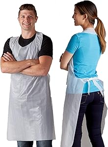 Plastic Disposable Aprons for Adults - 200 pack - 28 X 46 inches - White Plastic Disposable Apron for Commercial or Household Use - Throw Away for Hair Salon Spa or Art Studio