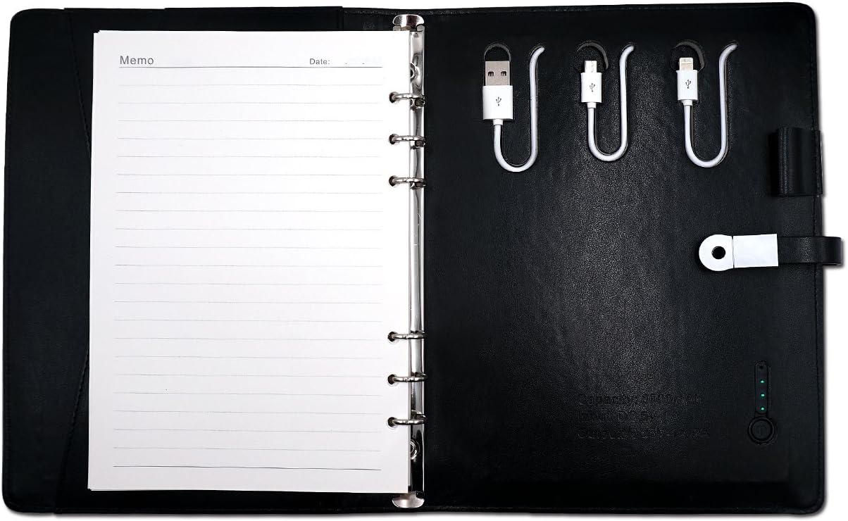 A5 Notebook Portfolio Padfolio Leather Journal Business Planner Hardcover Notepad,Refillable Thick Paper,Built-in 8000mAH Power Bank for iPhone & Android,Black