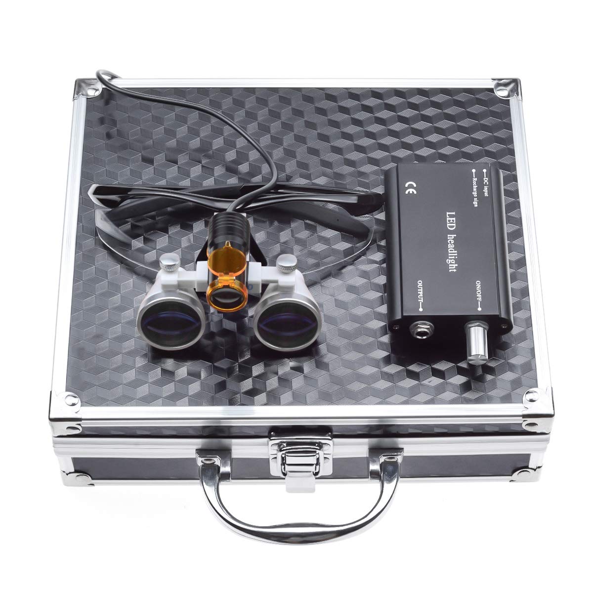 Photo 1 of EustomA 3.5X Binocular Loupes+5W LED Headlight Clip-on Type with Optics Filter with Aluminum Box DY-008 (Black)